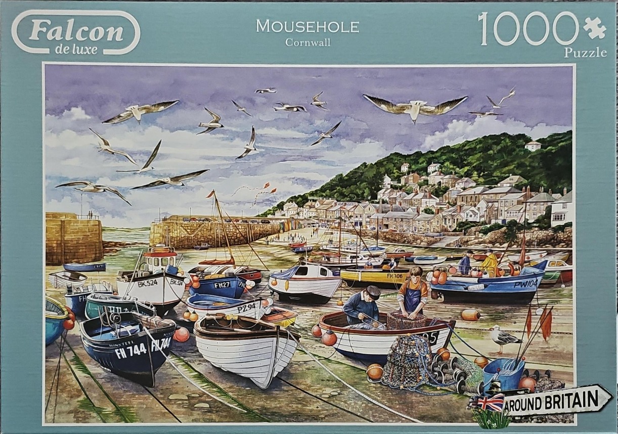 A watercolor painting of a harbor in Mousehole, Cornwall, with boats, fishermen, and seagulls under a cloudy sky.