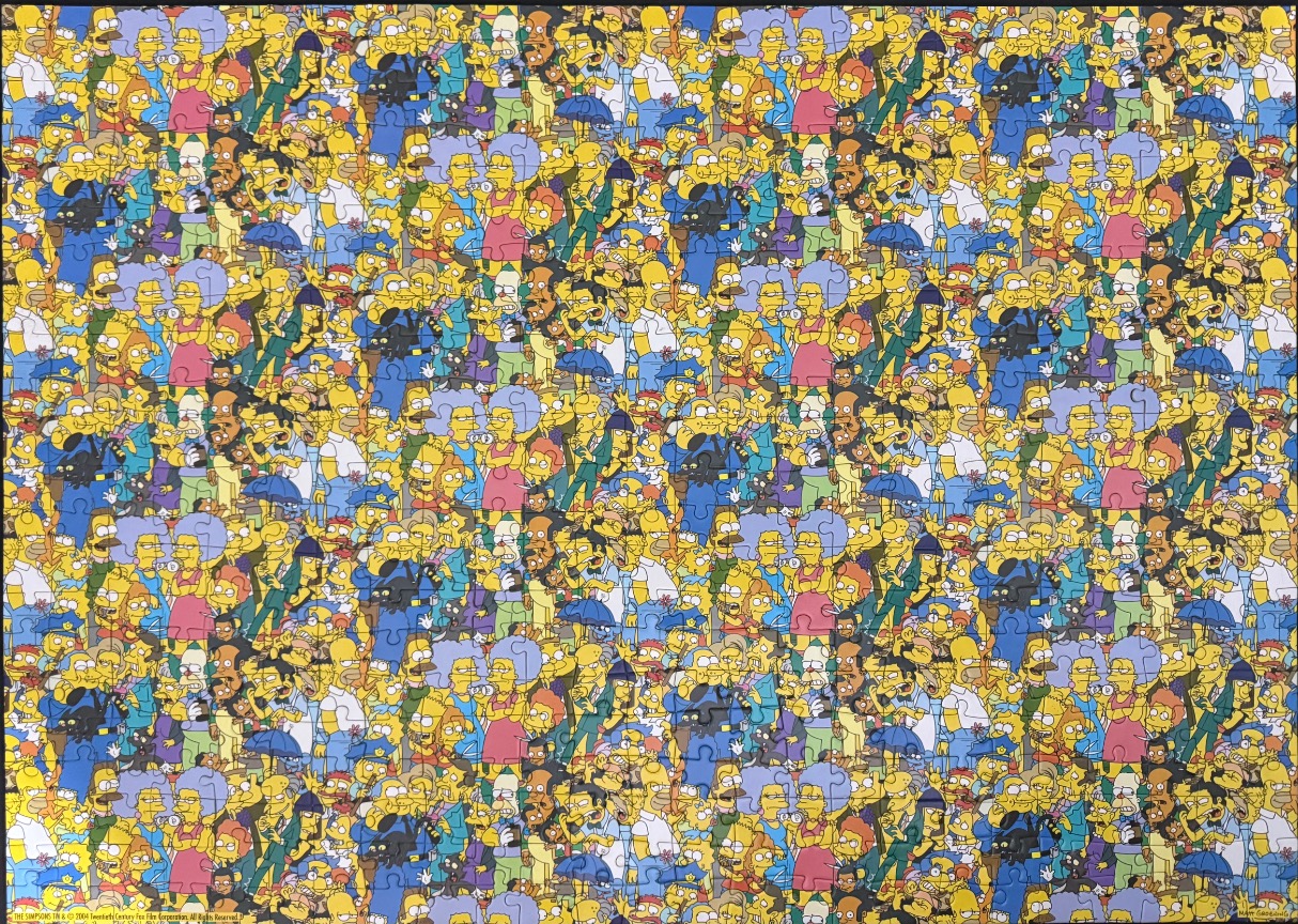 A dense repeating pattern of characters from The Simpsons animated series on a yellow background