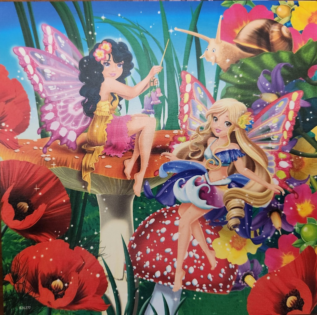 Two fairies with colorful wings sitting on mushrooms in a vibrant garden.