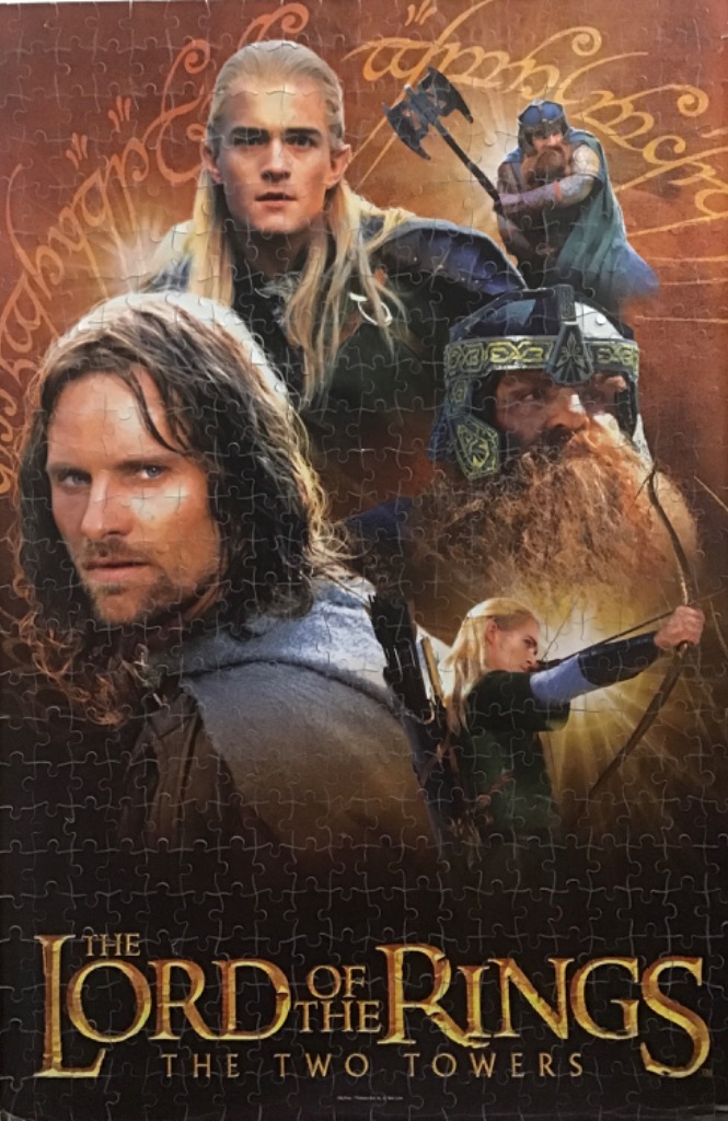 Promotional art for The Lord of the Rings: The Two Towers featuring Legolas, Aragorn, Gimli, and Legolas with a bow.
