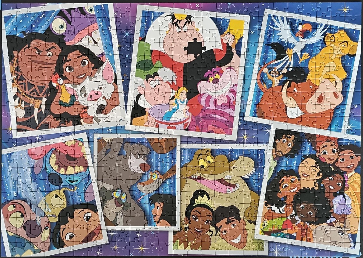 A collage of polaroid-style photos featuring various classic animated characters against a starry purple background.