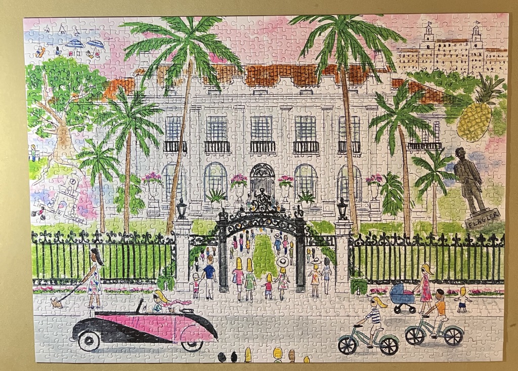 Whimsical watercolor illustration of the Flagler Museum and gardens in Palm Beach.