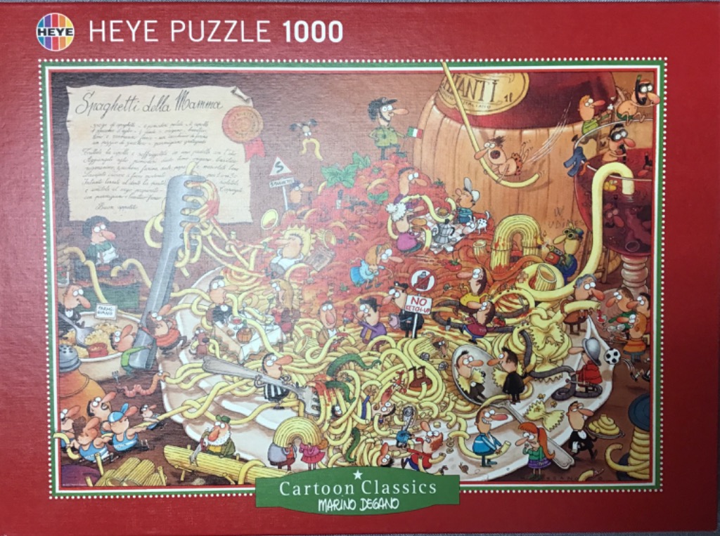 A humorous cartoon illustration of a giant plate of spaghetti filled with many tiny, busy characters.