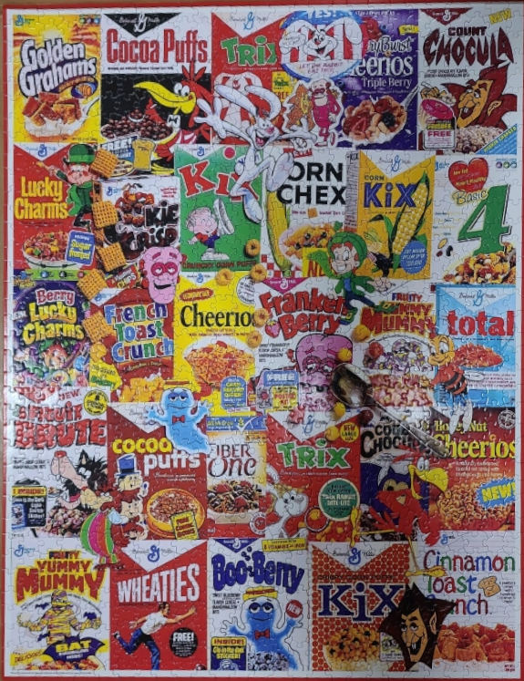 A collage of vintage breakfast cereal boxes featuring various cartoon mascots and colorful branding.