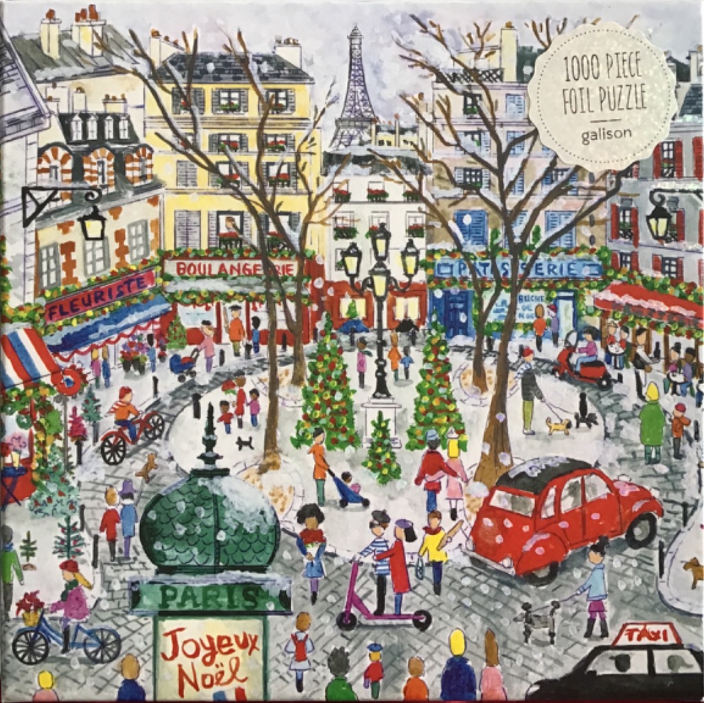 A whimsical illustration of a snowy Paris street scene during the holiday season.