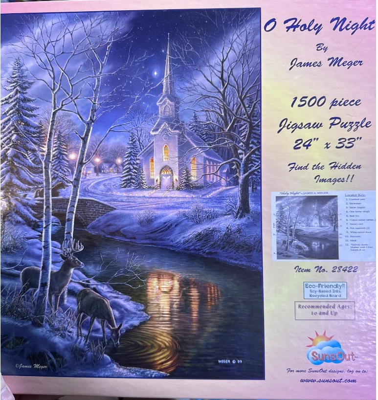 A winter landscape at night featuring a glowing church, a frozen stream, and two deer in the foreground.