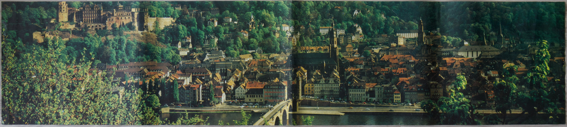 Panoramic view of Heidelberg, Germany, featuring a river, old stone bridge, and historic castle ruins set into a forest.