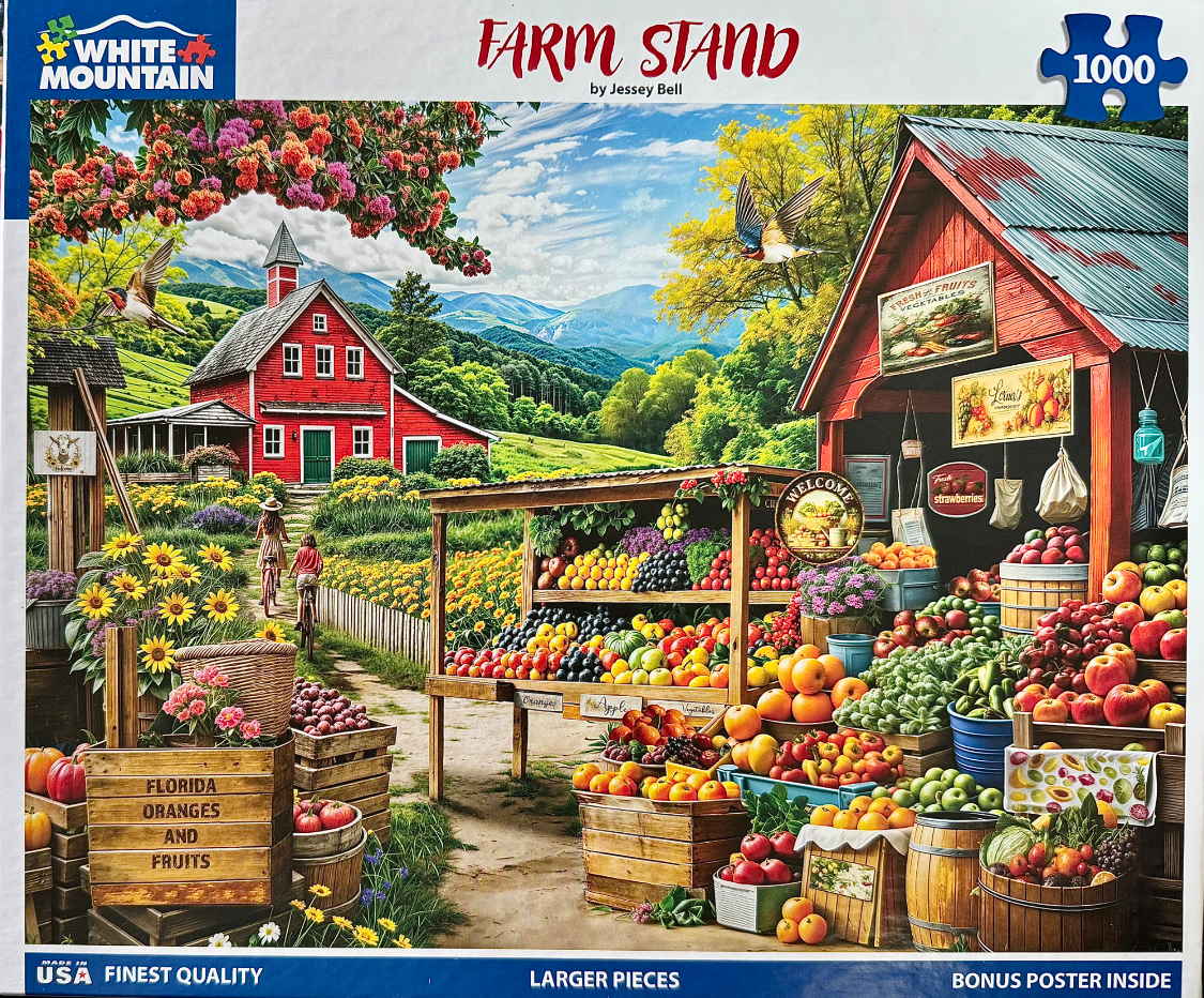 A sunny farm stand overflowing with fresh produce, featuring a red barn and a family cycling on a path.