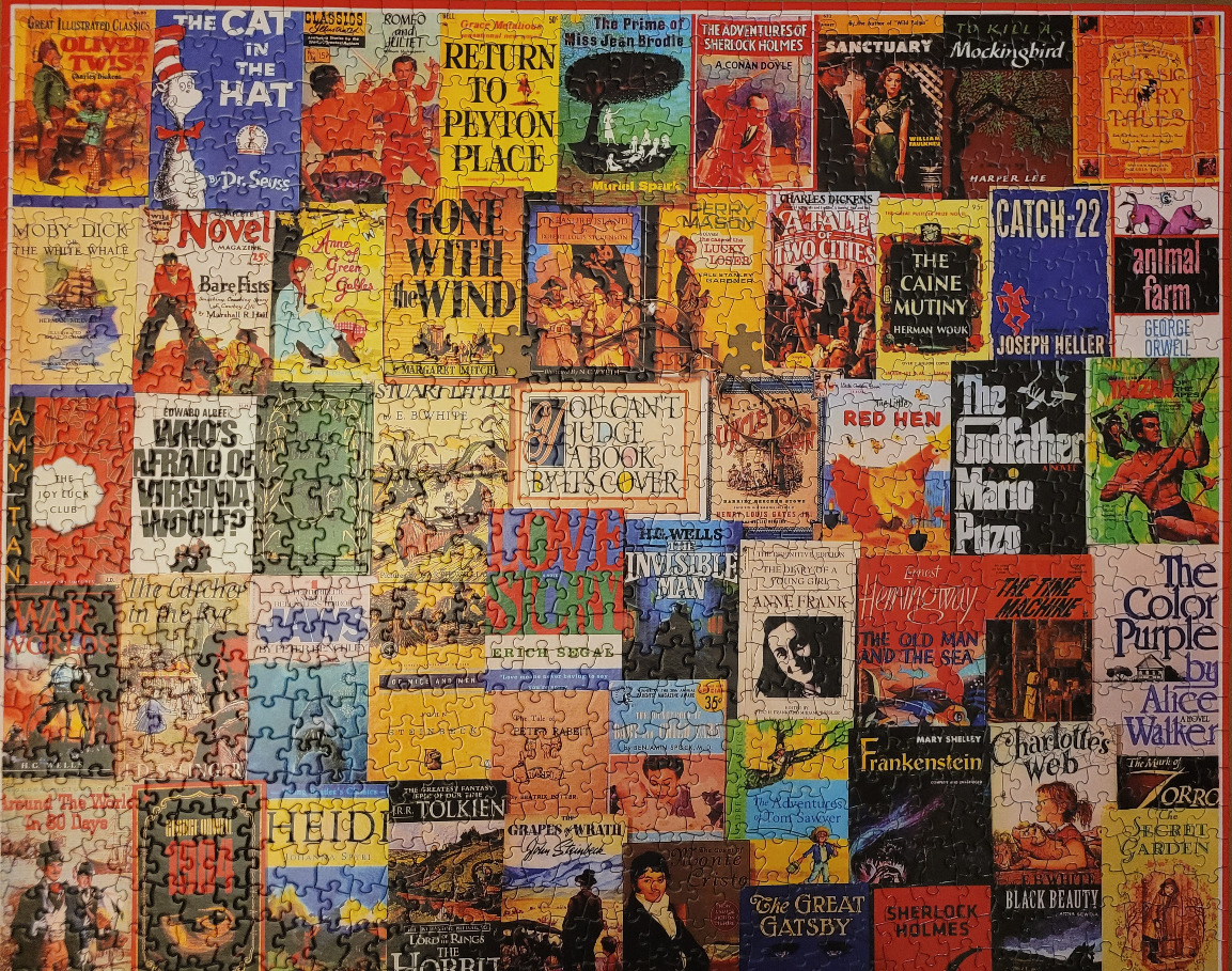 A collage of classic book covers arranged in a dense grid pattern.