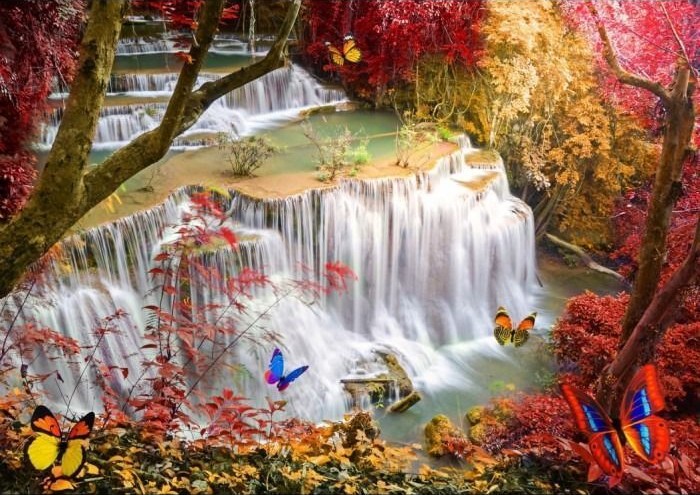 A multi-tiered tropical waterfall surrounded by vibrant autumn-toned foliage and colorful butterflies.