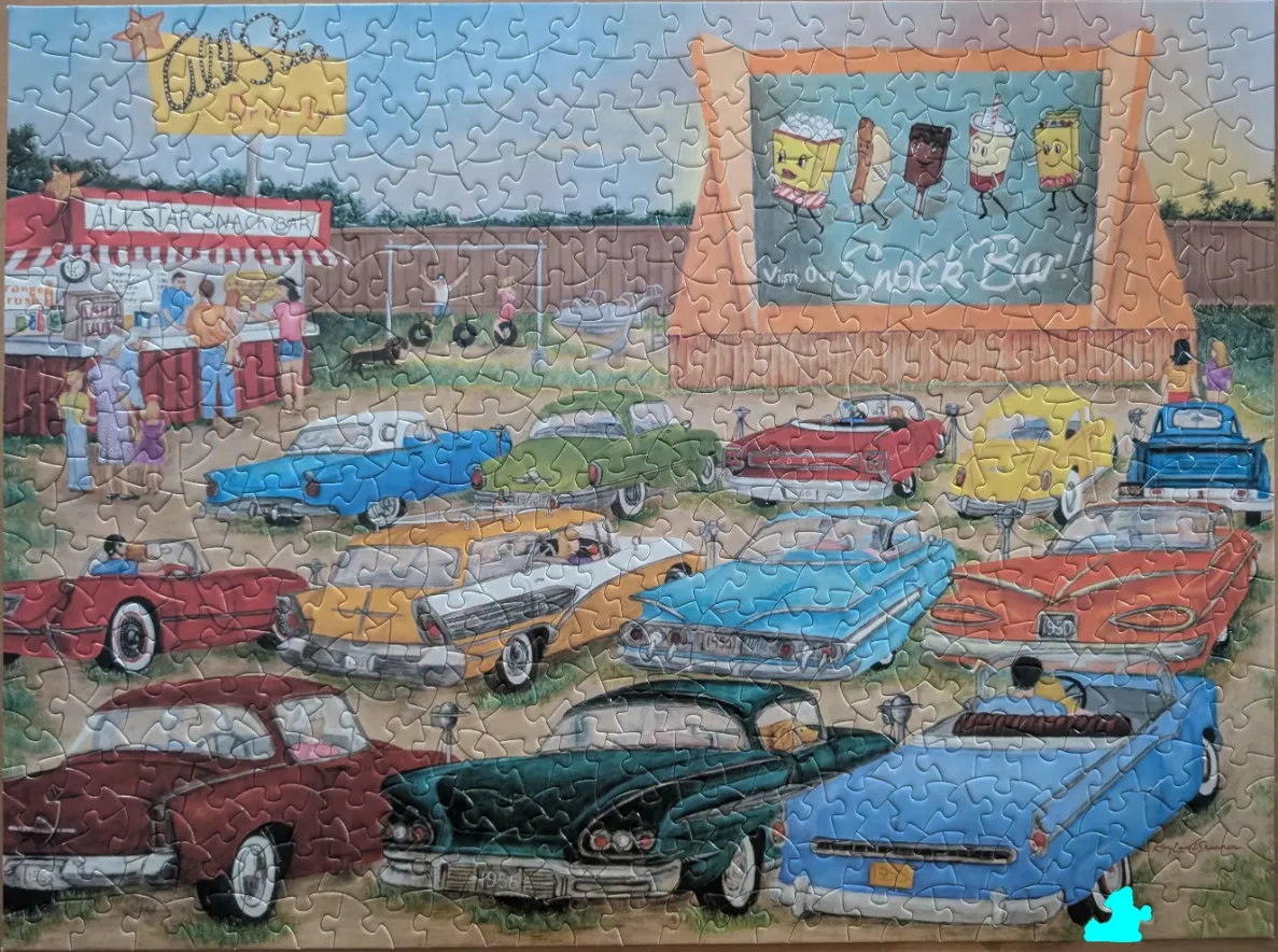 Nostalgic 1950s drive-in theater scene with classic cars, a snack bar, and a cartoon movie screen.