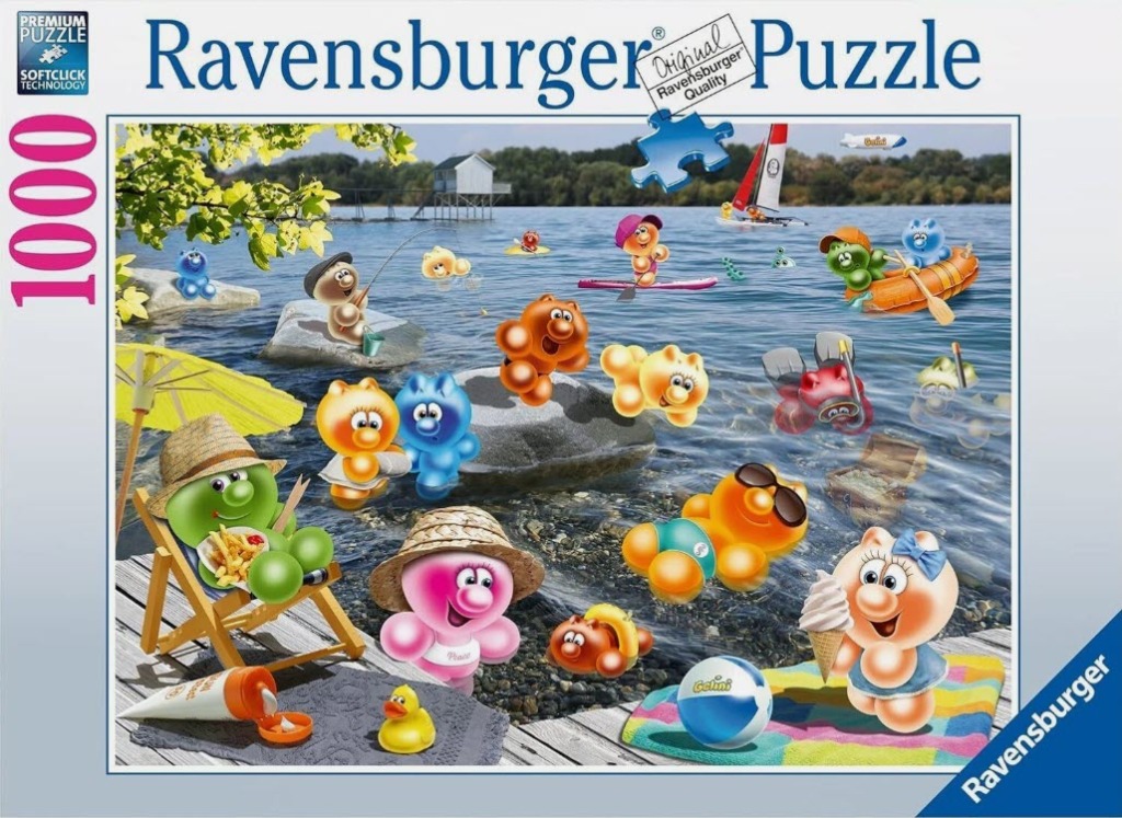 A sunny lakeside scene filled with small, colorful, translucent cartoon gummy-bear-like characters enjoying summer.