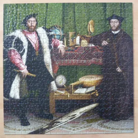 A reproduction of the Renaissance painting The Ambassadors by Hans Holbein the Younger.