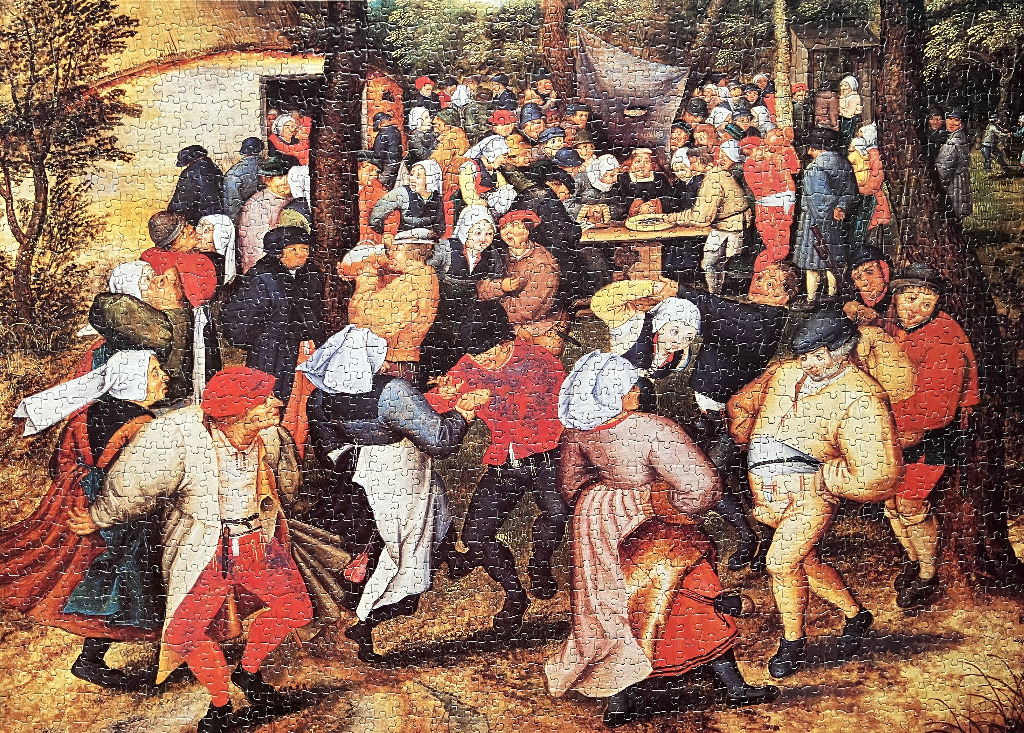 A Renaissance oil painting depicting a lively outdoor village wedding feast with many peasants dancing and eating.