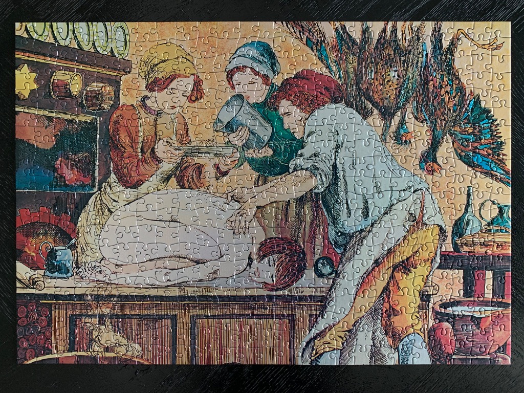 An illustration of three historical figures preparing food in a kitchen with hanging game birds.