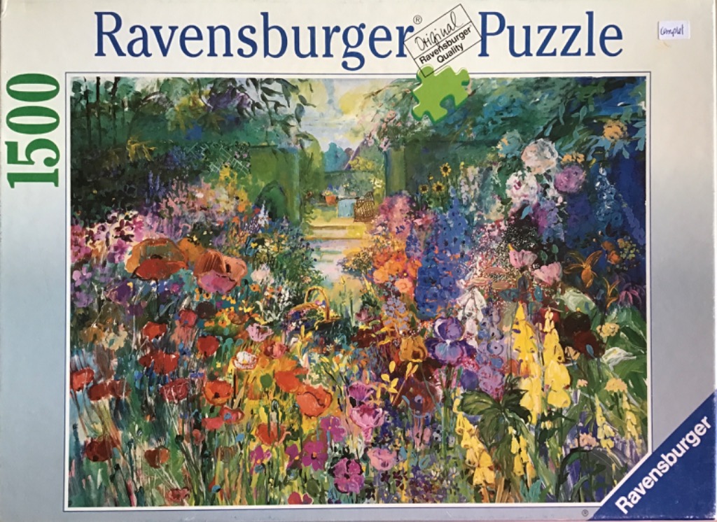 An impressionist-style painting of a vibrant, sun-drenched flower garden with a path leading toward a gate.