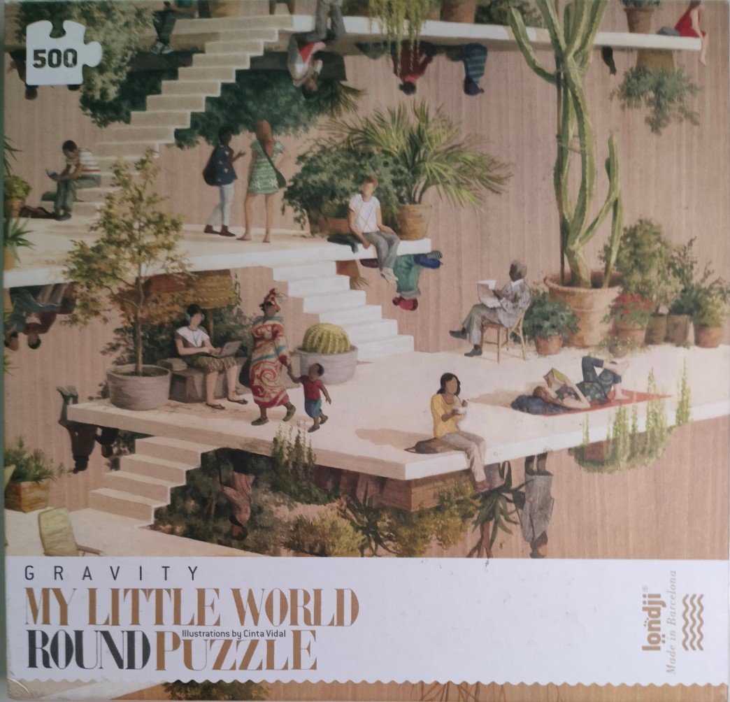 An illustration of people in a multi-directional architectural space with stairs, plants, and gravity-defying figures.