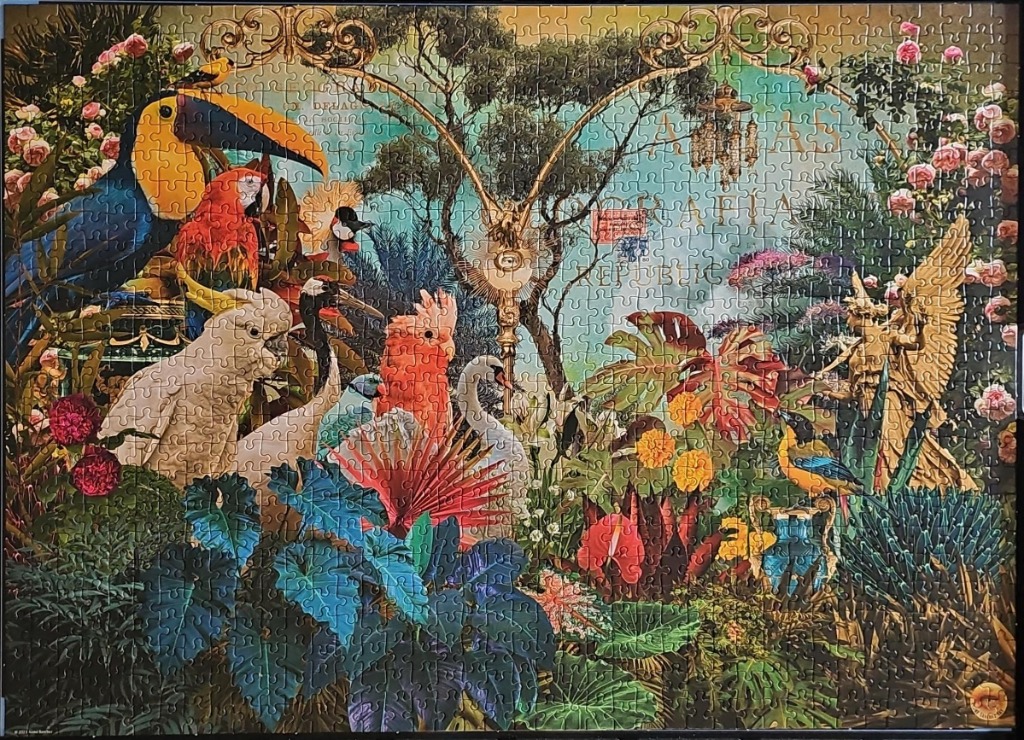 A lush, surreal tropical garden scene filled with various birds, flowers, and ornamental gold architecture.