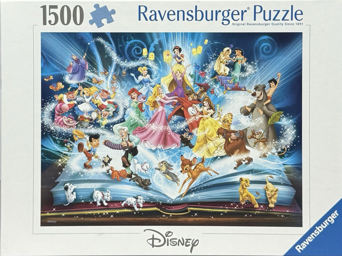 Collage of various Disney animated characters emerging from an open, glowing storybook on a dark blue background.