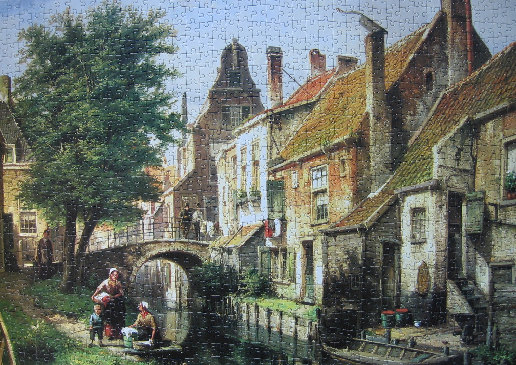 A nostalgic painting of a quaint European canal scene with stone cottages and figures by the water.