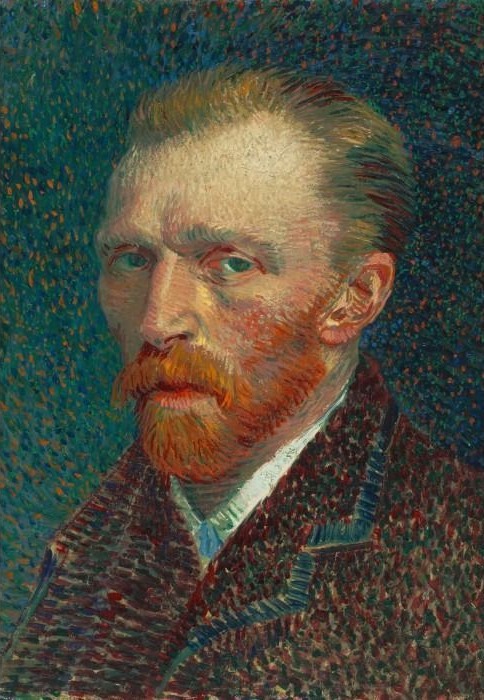 A close-up self-portrait of a man with red hair and a beard against a textured blue and green background.