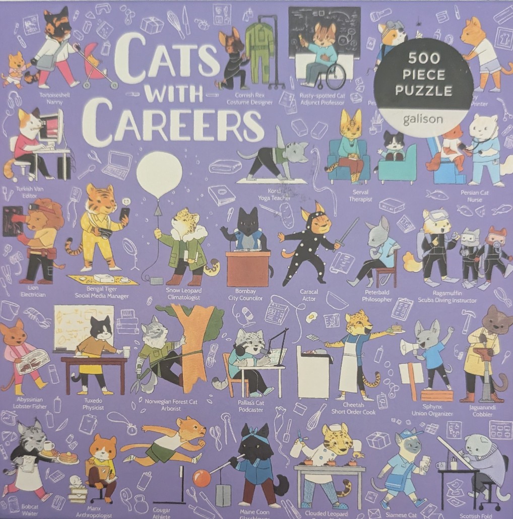 An illustration featuring many cats performing various professional careers against a solid purple background.