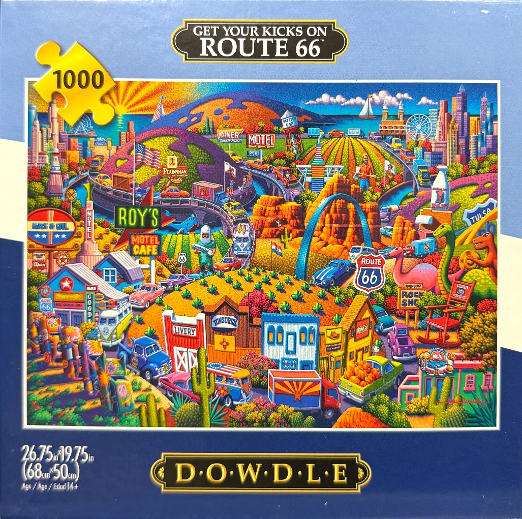 Whimsical illustration of a Route 66 road trip filled with diners, motels, classic cars, and iconic American landmarks.