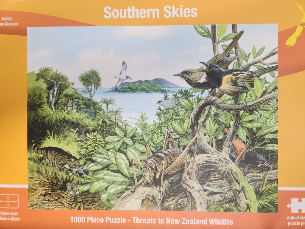 A detailed illustration of New Zealand wildlife featuring birds, a giant insect, and introduced mammals in a coastal scene.