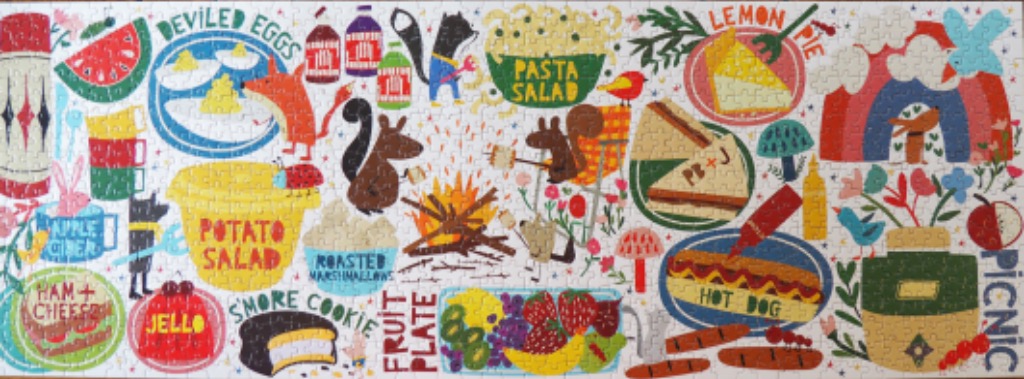 A whimsical illustration of a summer picnic spread with food and cute animals.
