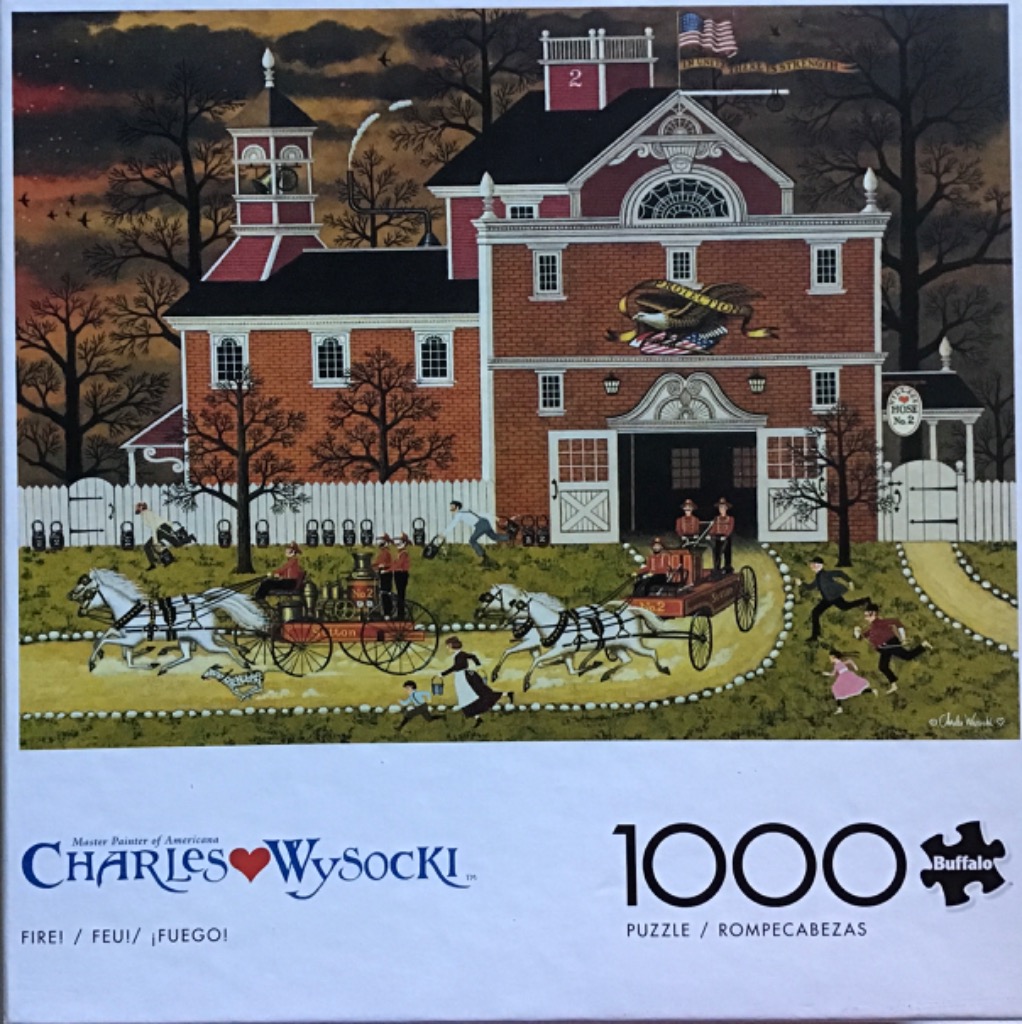 A whimsical folk art painting of a historical fire station with horse-drawn fire engines.