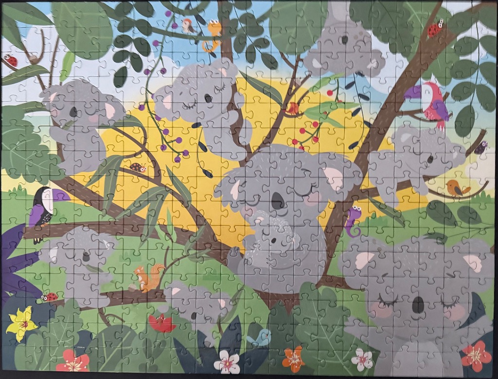 An illustrated jungle scene featuring several cartoon koalas sleeping in a tree among colorful birds and flowers.
