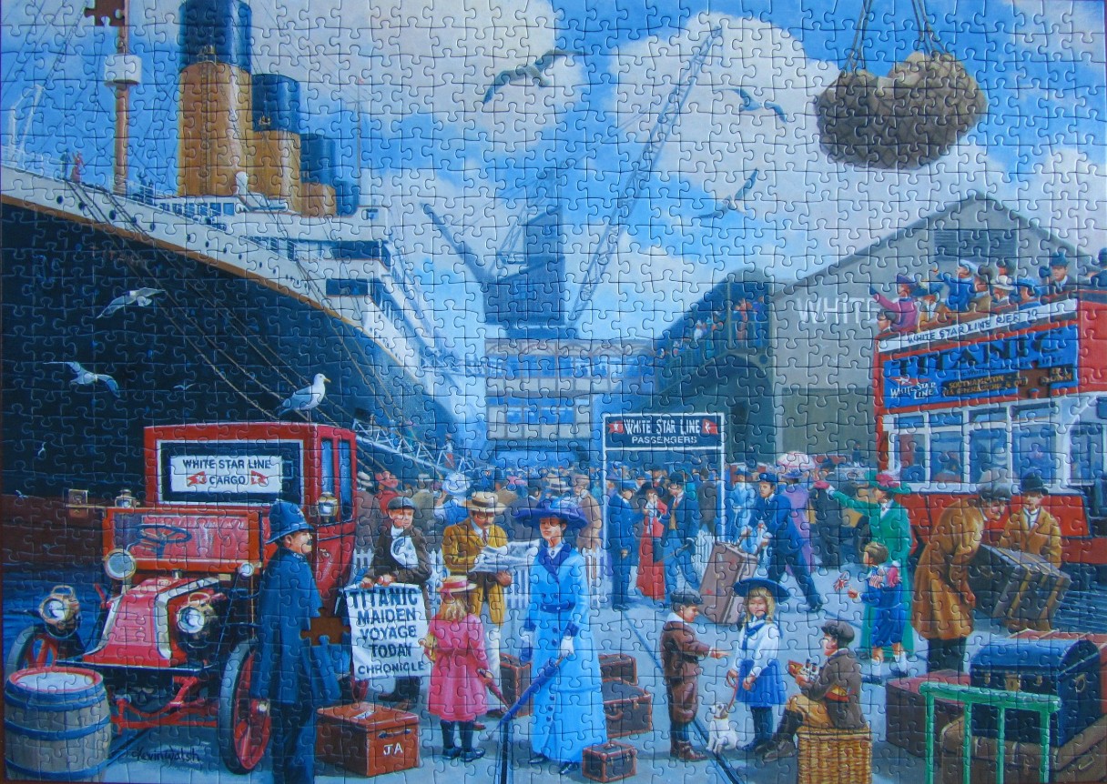 An illustration of the Titanic at a busy White Star Line dock with passengers and a vintage cargo truck.