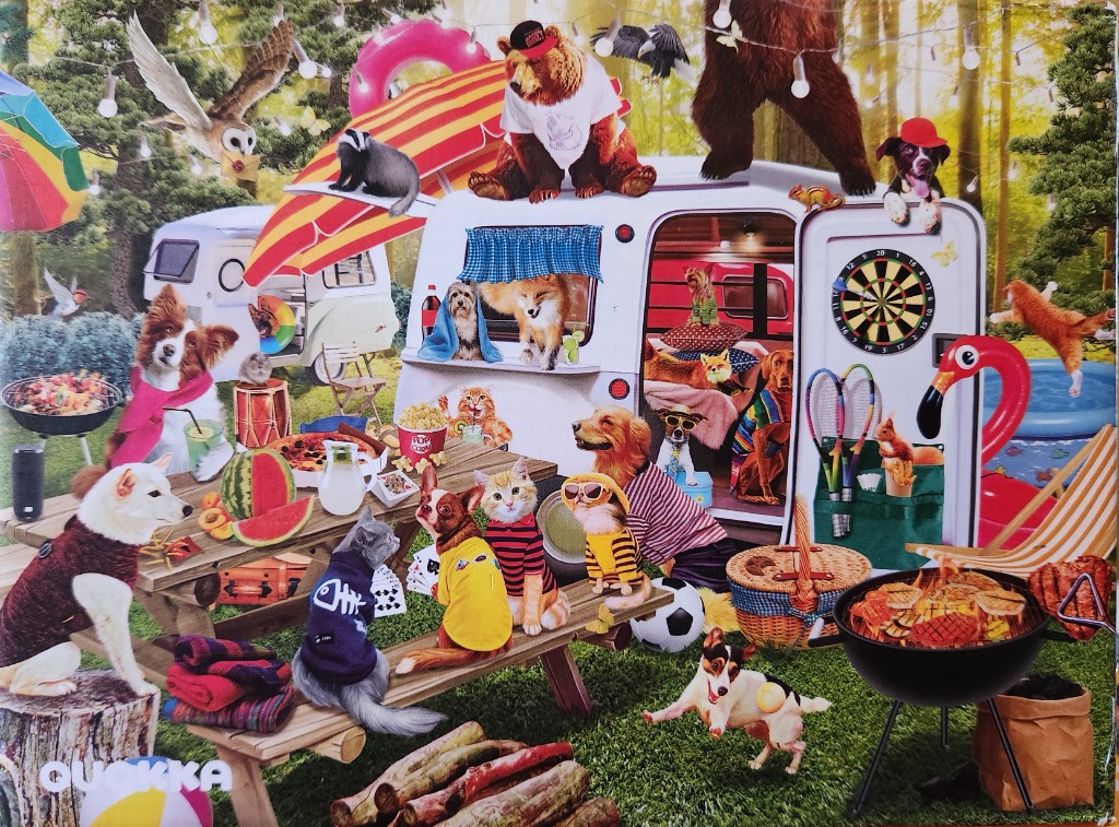 A whimsical outdoor scene featuring a group of anthropomorphic dogs and cats camping with a caravan.