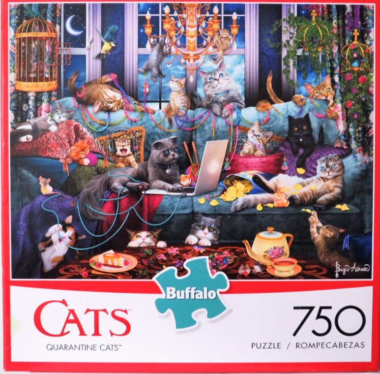 A whimsical illustration of many cats playing on and around a blue sofa in a cozy room at night.