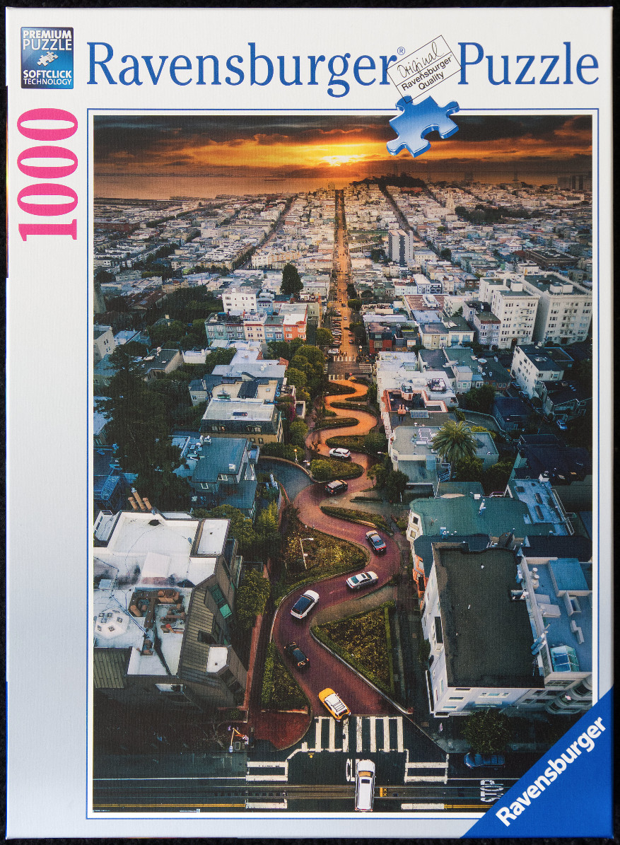 Aerial view of Lombard Street in San Francisco at sunset
