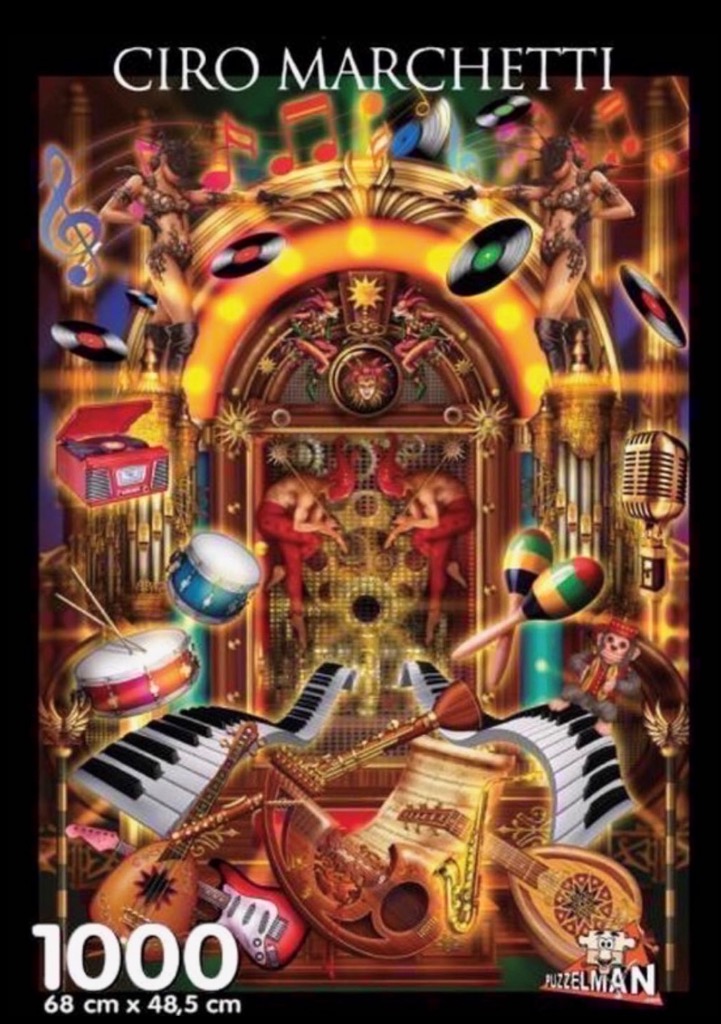 Surreal digital art featuring a grand, glowing pipe organ, floating musical instruments, dancers, and clockwork motifs.