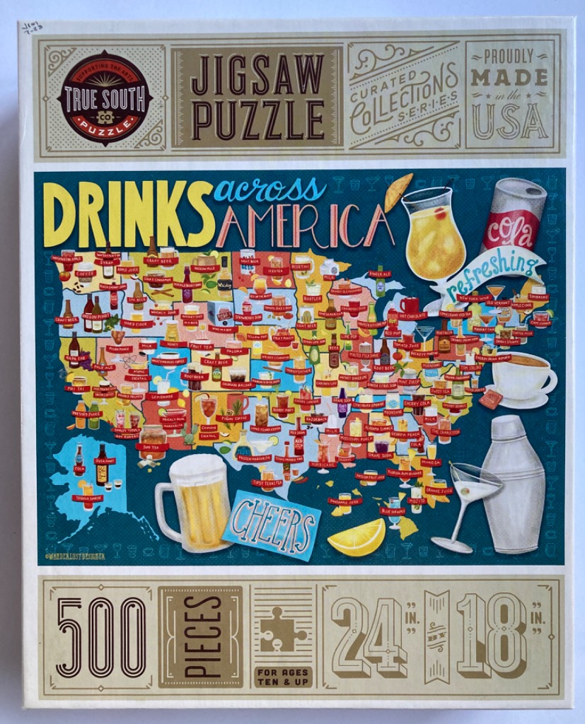 An illustrated map of the United States featuring various regional drink icons, set against a dark teal background.