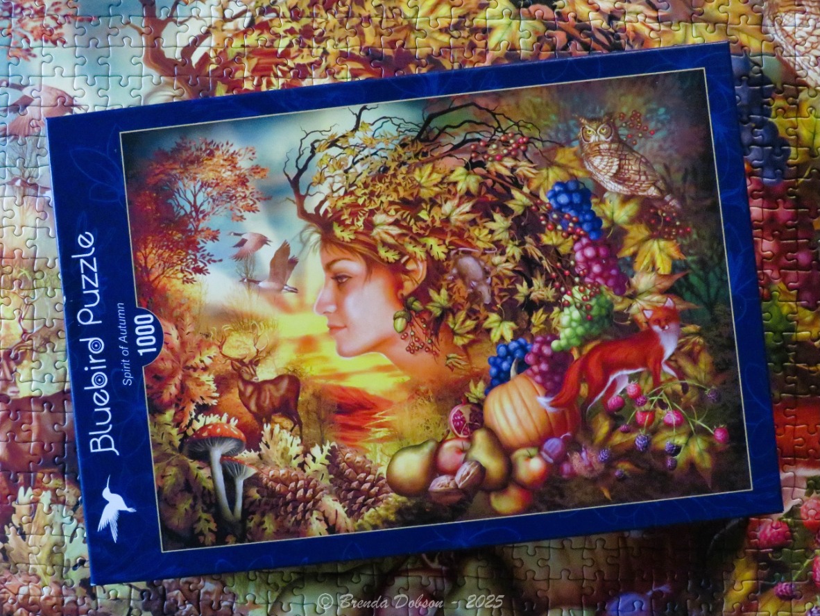 Fantasy art of a woman as the Spirit of Autumn, surrounded by forest wildlife, flora, and harvest bounty.