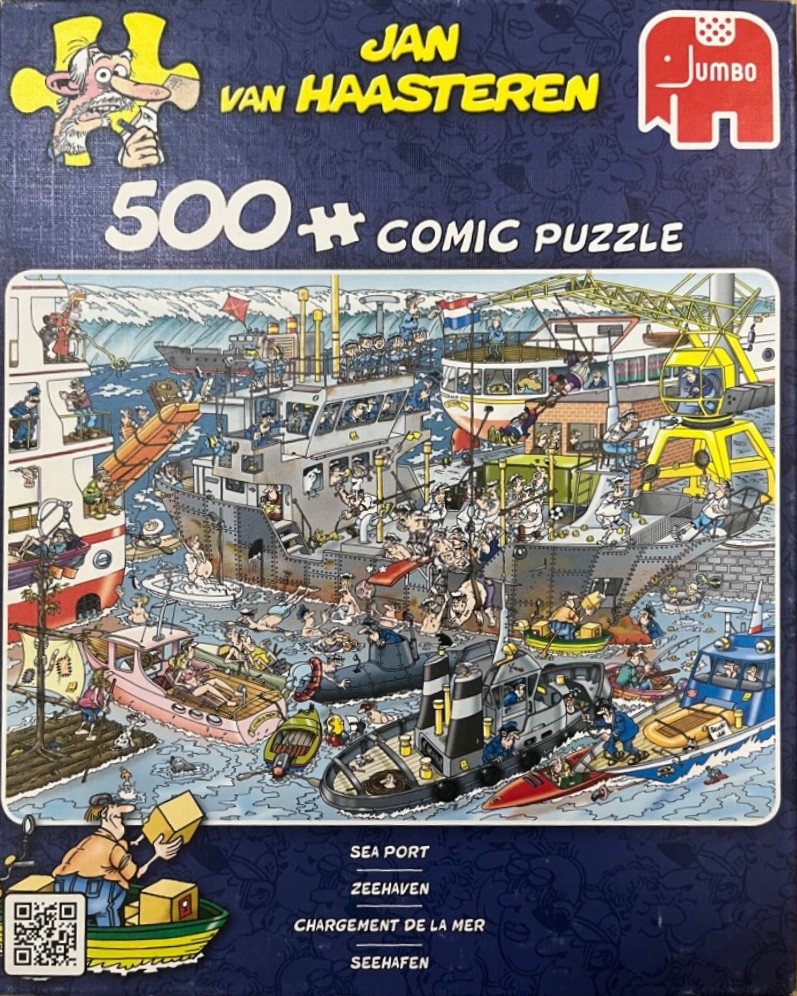 A chaotic, comic-style illustration of a busy, bustling harbor with many ships, workers, and silly mishaps.