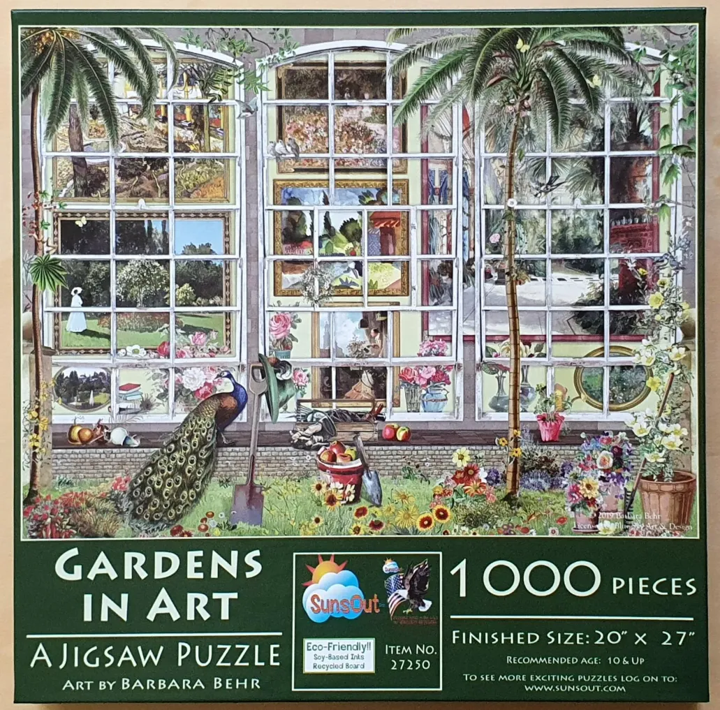 An illustration of a sunroom looking out into a lush, art-filled garden with a peacock in the foreground.