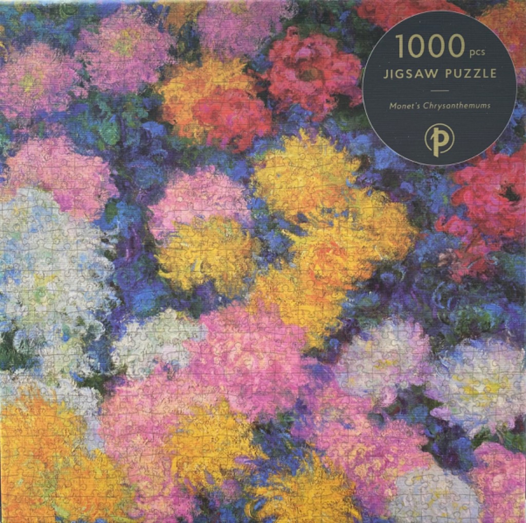 Impressionist painting of a dense cluster of pink, yellow, and white chrysanthemums with deep blue shadows.