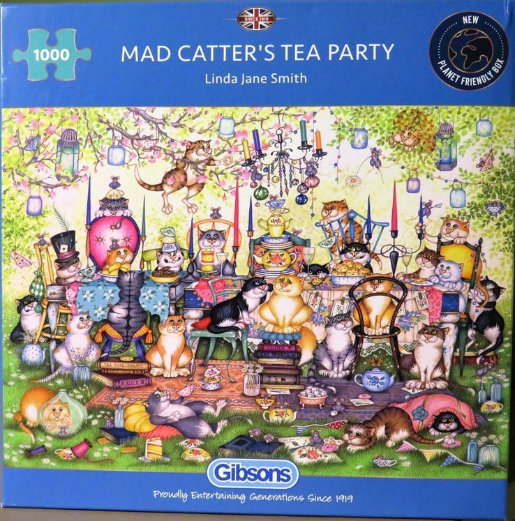 A whimsical illustration of many cats having a tea party in a lush, green garden setting.