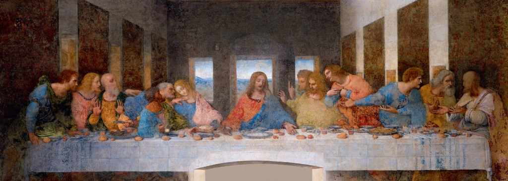 The Last Supper, showing Jesus centered at a long table with twelve disciples in groups of three.