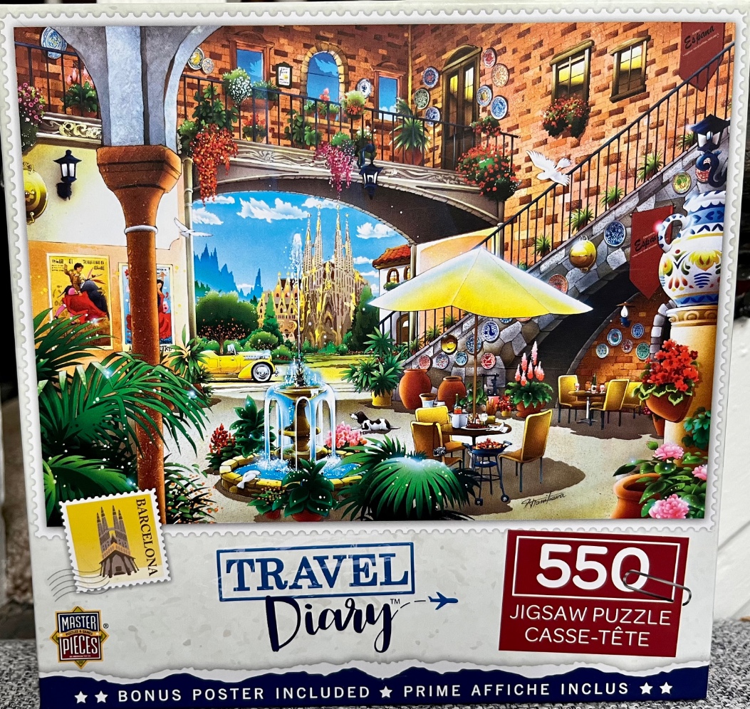 A sunny Mediterranean courtyard scene featuring a fountain and a view of the Sagrada Familia in Barcelona.