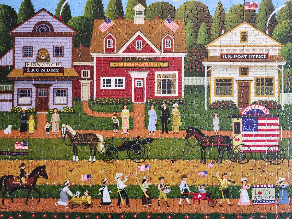 A nostalgic 19th-century American town square scene with residents celebrating a holiday.