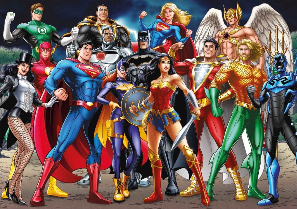 A group of various DC superheroes standing together in a heroic pose against a dark, stormy sky.