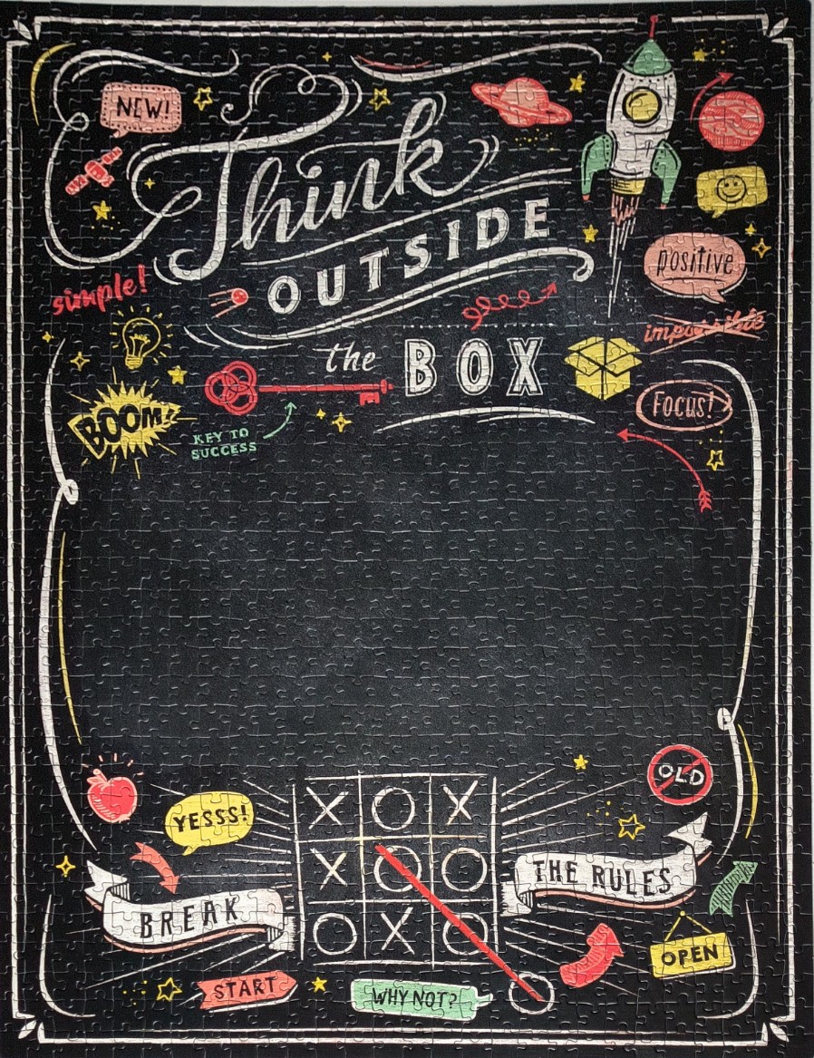 Chalkboard-style illustration with the text Think Outside the Box surrounded by space, game, and motivational icons.