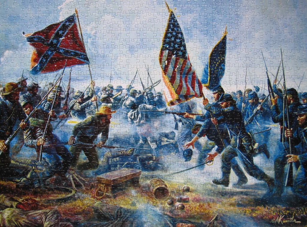 A Civil War battle scene painting with opposing sides charging toward each other under flags.