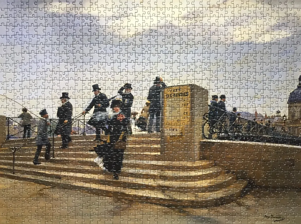 An oil painting of 19th-century Parisian pedestrians on a stone staircase near the Pont des Arts.