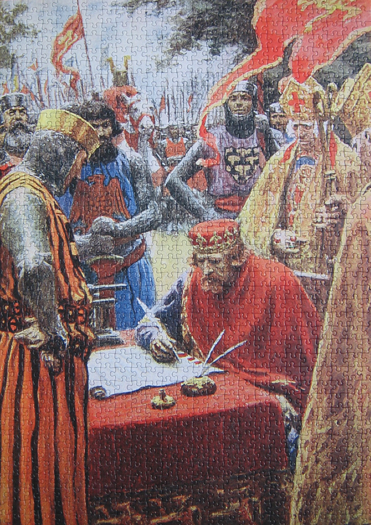 Historical illustration of a medieval king signing a document surrounded by knights and clergy.
